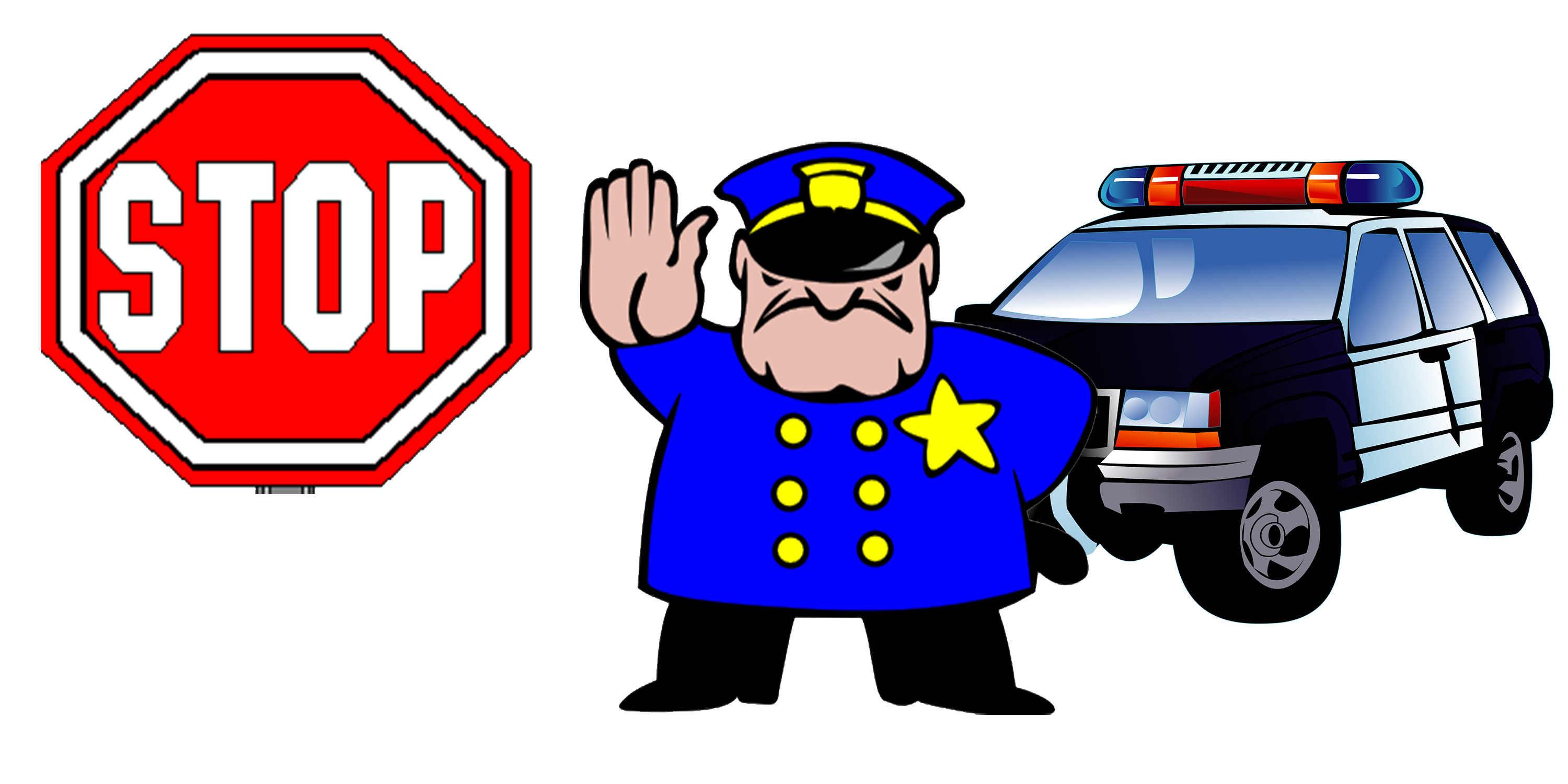 Stop sign with a police in front of a police car